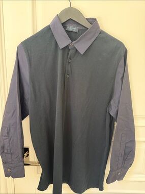 Lanvin Men's Black Body with Navy Sleeves Long-Sleeve Polo